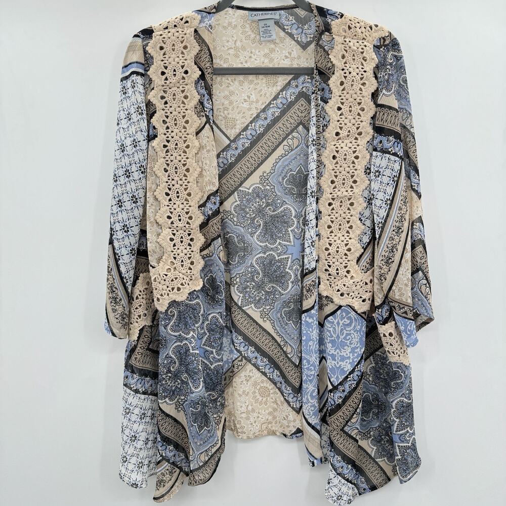 Catherines Patchwork Floral Crochet Sheer Kimono Topper 14/16W Blue Beige Boho